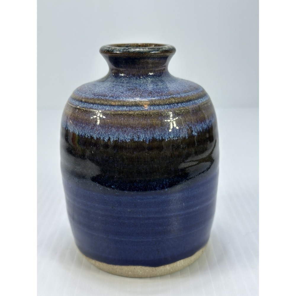 Blue Gray Glaze Studio Art Stoneware Pottery Vase Signed 5" Tall Hand Thrown